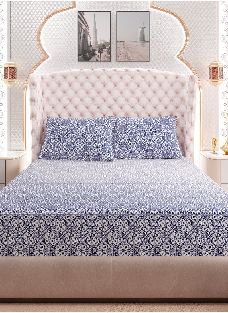 Color Sense Print 1 Fitted Sheet + 2 Pillow Cases Queen Cotton Blue 200x160cm  - Image 2