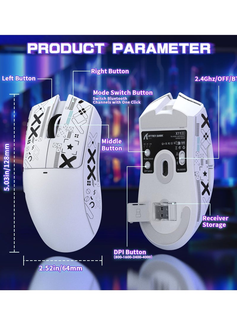 X11SE Ultra-Light Wireless Gaming Mouse, Tri-Mode-2.4G/USB-C Wired/BT, PixArt PAW3311 Gaming Sensor, 22KDPI, 5 Programmable Buttons for Laptop, PC, Mac Gamer (White&Sticker)