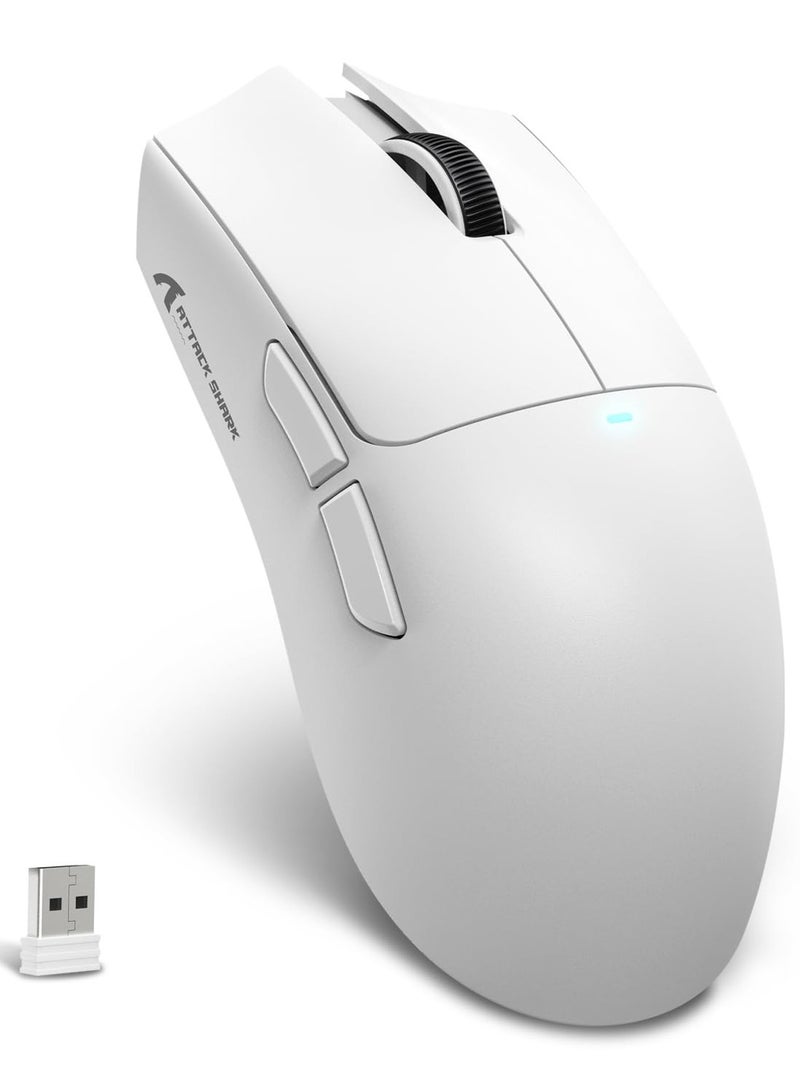 هجوم القرش ماوس ألعاب لاسلكي فائق الخفة X11SE، ثلاثي الأوضاع - 2.4 جيجاهرتز/USB-C سلكي/بلوتوث، مستشعر ألعاب PixArt PAW3311، 22 كيلو نقطة في البوصة، 5 أزرار قابلة للبرمجة لأجهزة الكمبيوتر المحمولة والكمبيوتر الشخصي وماك (أبيض وملصق) - Image 1