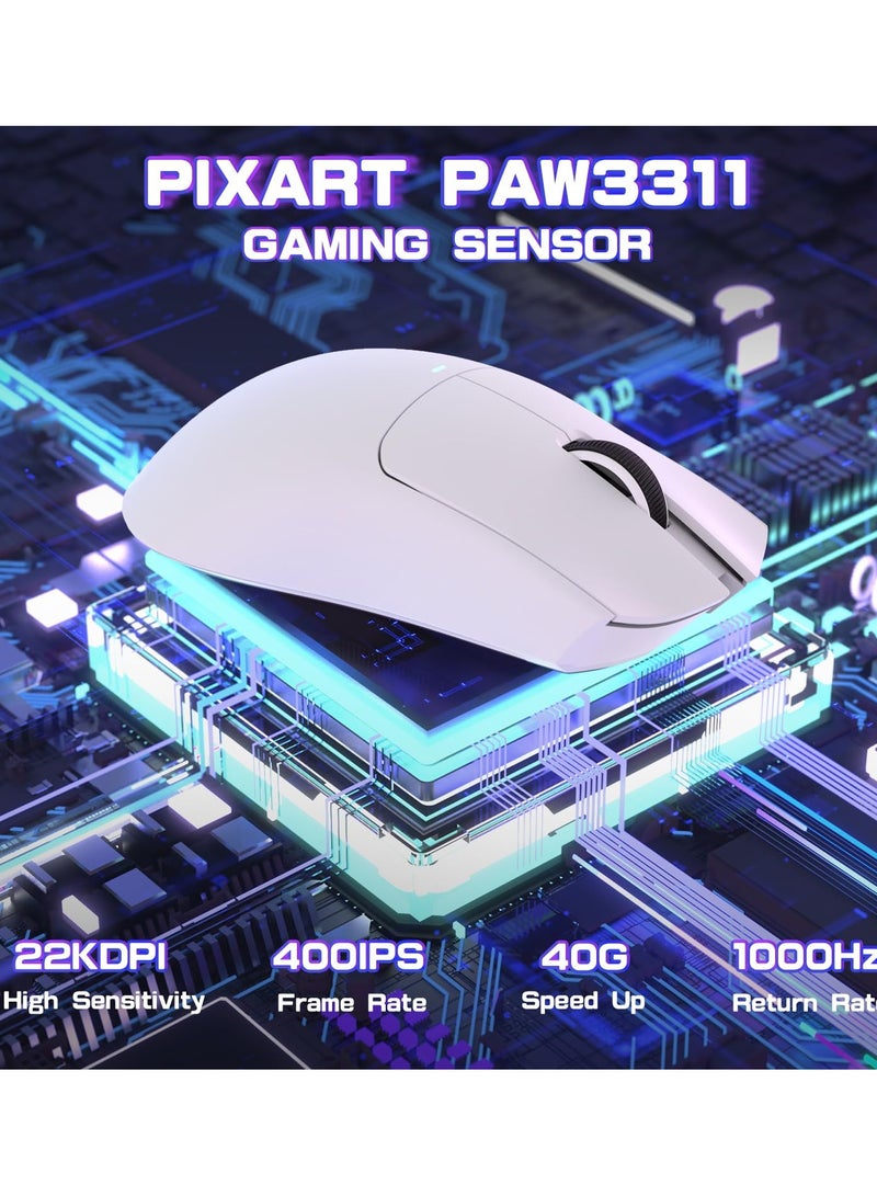 هجوم القرش ماوس ألعاب لاسلكي فائق الخفة X11SE، ثلاثي الأوضاع - 2.4 جيجاهرتز/USB-C سلكي/بلوتوث، مستشعر ألعاب PixArt PAW3311، 22 كيلو نقطة في البوصة، 5 أزرار قابلة للبرمجة لأجهزة الكمبيوتر المحمولة والكمبيوتر الشخصي وماك (أبيض وملصق) - Image 4