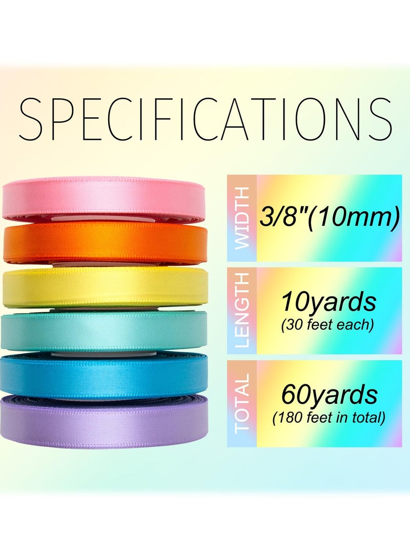 Bukela 6Pcs Pastel Rainbow Satin Ribbon 3/8 Inch Colorful Bulk Ribbon Rolls Assorted Solid Color Double Faced Satin Ribbons for Crafts Easter Baby Shower Birthday Wedding Gift Wrapping Hair Bows - Image 2