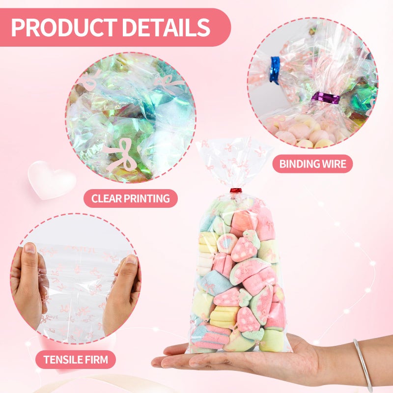 Docvania Cello Cellophane Treat Gift Bags Pink Bow Cookie Bags 100 Pcs 4 X 9 Goodie Bag With Ties For Mother'S Day  Valentine'S Day And Parties  Weddings - Image 3