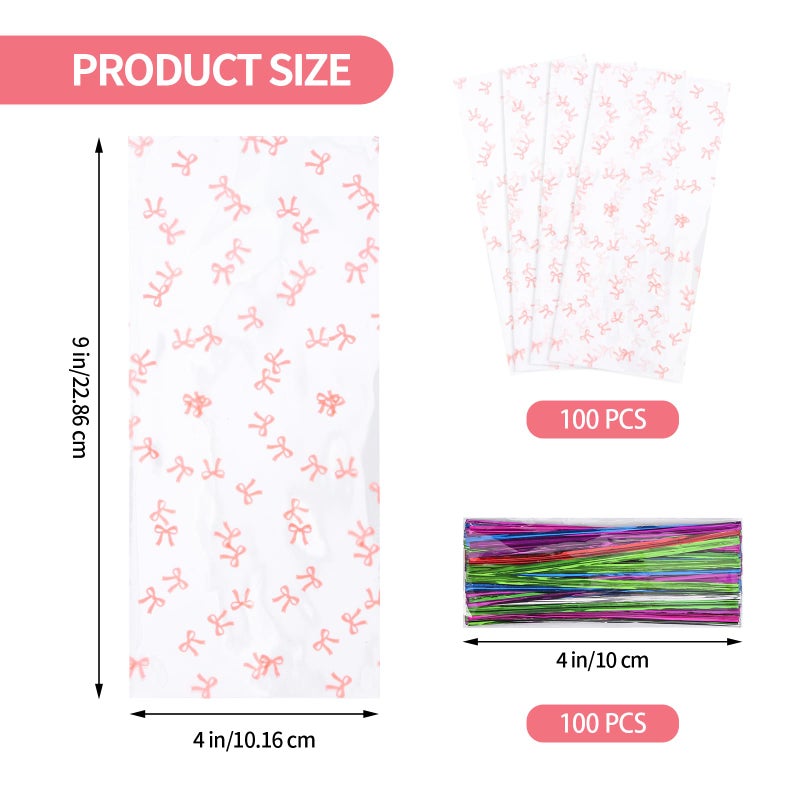 Docvania Cello Cellophane Treat Gift Bags Pink Bow Cookie Bags 100 Pcs 4 X 9 Goodie Bag With Ties For Mother'S Day  Valentine'S Day And Parties  Weddings - Image 2