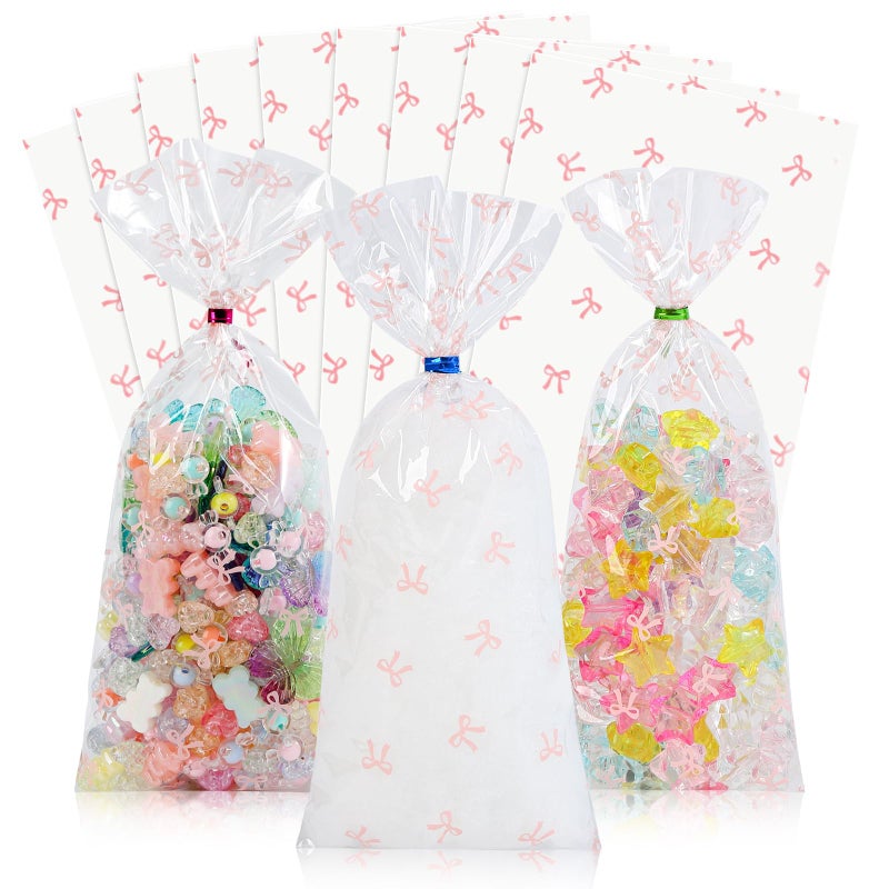 Docvania Cello Cellophane Treat Gift Bags Pink Bow Cookie Bags 100 Pcs 4 X 9 Goodie Bag With Ties For Mother'S Day  Valentine'S Day And Parties  Weddings - Image 1