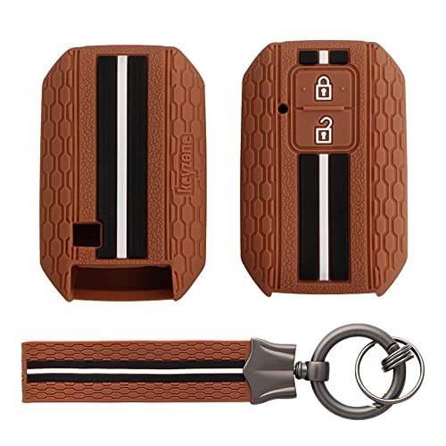 Keyzone Striped Silicone Key Cover and Keychain Compatible for Glanza, Urban Cruiser Taisor, Rumion, Urban Cruiser Hyryder 2 Button Smart Key (Brown with Brown Striped Keychain) - Image 1