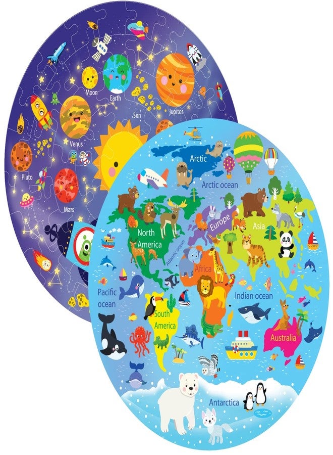 Fiddlys Creative Wooden Jigsaw Puzzle for Kids | 66 Pieces Educational Single Layer Puzzle | Fun & Learning Toy for Children Ages 3+ Pack of 2 (World Map & Solar System) - Image 2