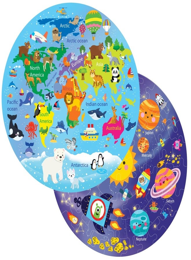 Fiddlys Creative Wooden Jigsaw Puzzle for Kids | 66 Pieces Educational Single Layer Puzzle | Fun & Learning Toy for Children Ages 3+ Pack of 2 (World Map & Solar System) - Image 1