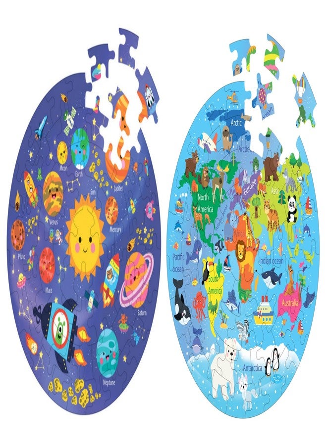 Fiddlys Creative Wooden Jigsaw Puzzle for Kids | 66 Pieces Educational Single Layer Puzzle | Fun & Learning Toy for Children Ages 3+ Pack of 2 (World Map & Solar System) - Image 3