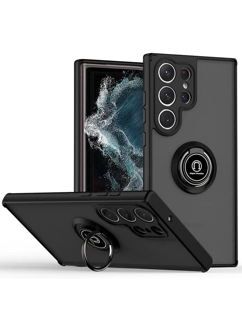 جراب Samsung Galaxy S23 Ultra، جراب خلفي شفاف مقاوم للصدمات غير لامع لحماية الكاميرا مع حامل حلقي مغناطيسي للسيارة يدور 360 درجة لهاتف Samsung S23 Ultra (أسود)