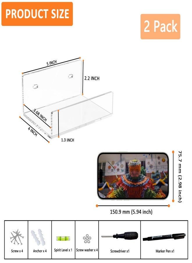 Hexsonhoma 5'' Clear Acrylic Wall Shelf 2 Pack, 5 Inch Small Wall Shelves Display for Small Space - Image 2