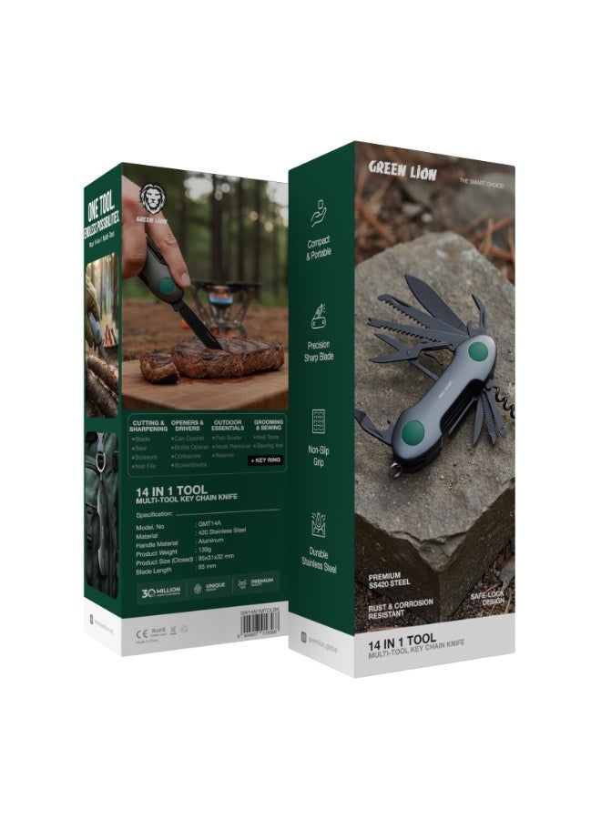 GREEN LION 14-in-1 Tool Multi-Tool Key Chain Nife / Multi-Functional / Folding & Compact & Portable / Camping Survival / Premium SS420 Steel / Safe-Lock Design / Multifunctional Pocket Folding 14-in-1 Tool / Presicion & Sharp / Non-Slip Grip - Image 4