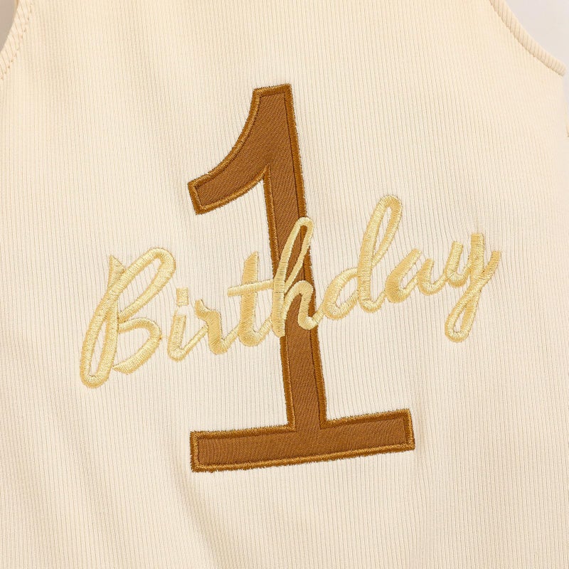 Viworld Baby Boy 1st Birthday Romper Infant Ribbed Jumpsuit Embroidery One Year Old Cake Smash Outfits (Apricot,9-12M) - Image 4