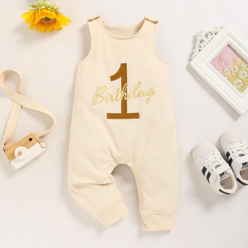 Viworld Baby Boy 1st Birthday Romper Infant Ribbed Jumpsuit Embroidery One Year Old Cake Smash Outfits (Apricot,9-12M) - Image 2