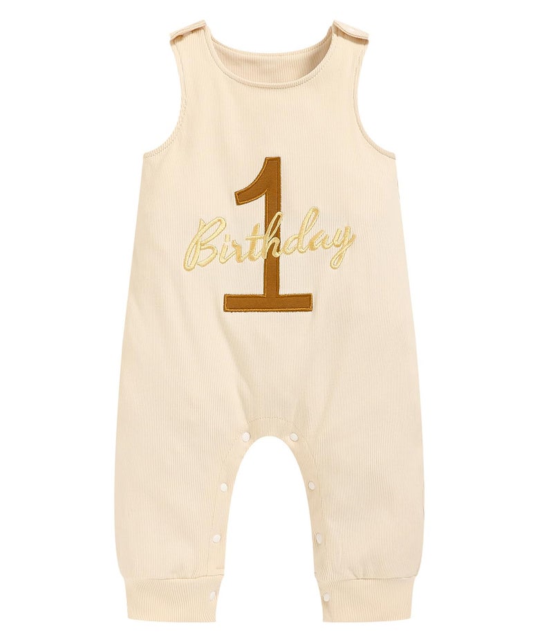 Viworld Baby Boy 1st Birthday Romper Infant Ribbed Jumpsuit Embroidery One Year Old Cake Smash Outfits (Apricot,9-12M) - Image 1