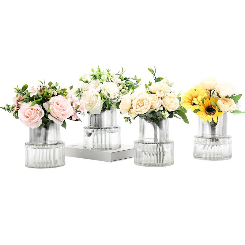 YANWE1 Ribbed Glass Vases, Set of 4 Small Vases for Flowers, Clear Glass Vase for Tulips, Modern Vase for Living Room, Kitchen, Office, Entryway, Bookshelf, Wedding Gifts, Birthday, 6 Inches - Image 1