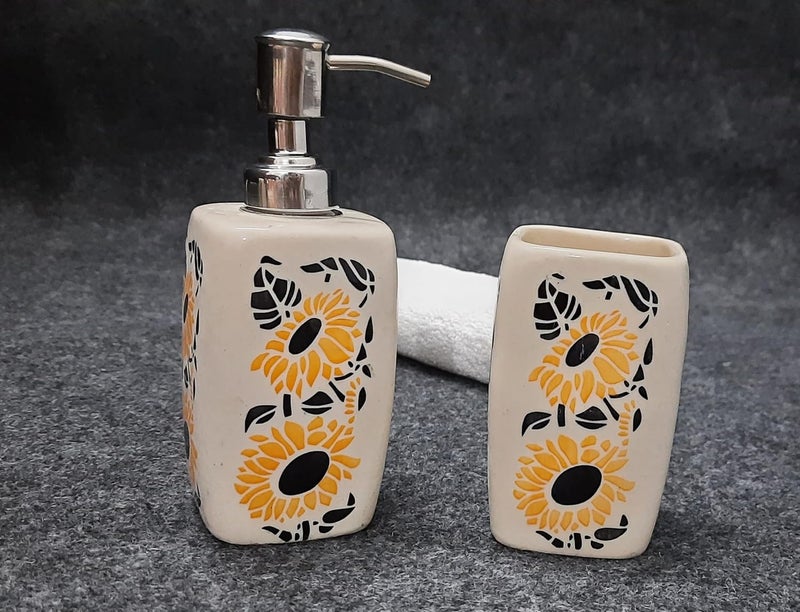 KAOLINITE Ceramic Bathroom Accessories Set for Utility and Bathroom Decor | Liquid Soap Dispenser, soap Tray, Toothbrush Holder Hand Crafted/Haand Painted Sunflower Print - Image 3