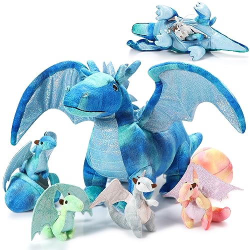 Deekin 7 Pcs Dragon Toy Set 16 Inch Large Dragon Stuffed Animal with 4 Baby Plush and 2 Eggs in Mommys Belly Dinosaur Plushies Gifts for Boys Girls BirthdayBright Style - Image 1