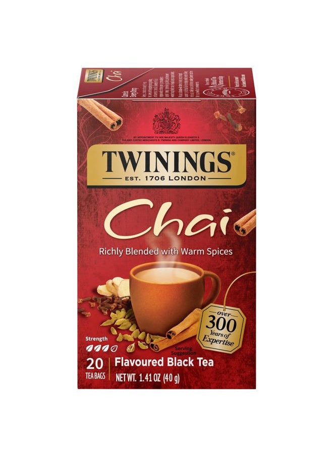 Twinings Chai Black Tea Individually Wrapped Bags, 20 Count (Pack of 6), Sweet, Savoury Spices, Caffeinated, Enjoy Hot or Iced | Packaging May Vary  - Image 1