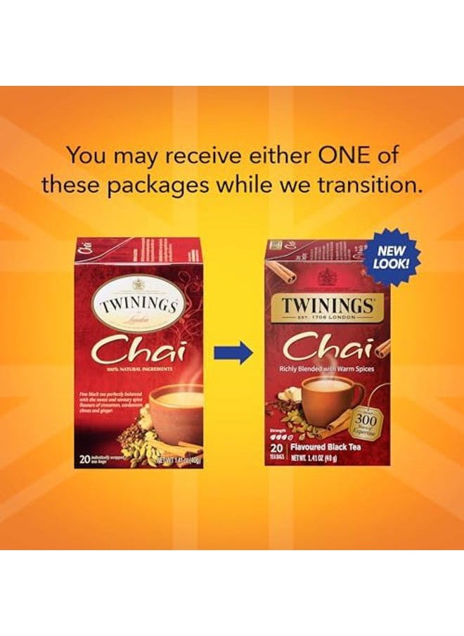 Twinings Chai Black Tea Individually Wrapped Bags, 20 Count (Pack of 6), Sweet, Savoury Spices, Caffeinated, Enjoy Hot or Iced | Packaging May Vary  - Image 2