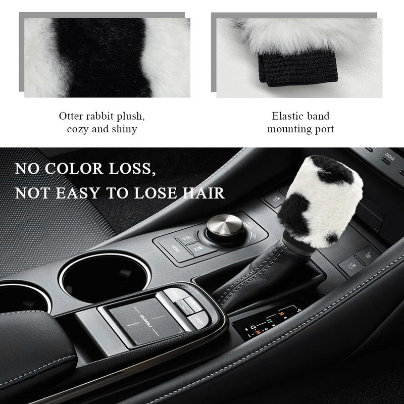Gasedin Cow Print Car Accessories Set, Soft Fluffy Plush Cute Cow Steering Wheel Cover & Handbrake Cover, Warm Furry Cow Print Armrest Mat & Shift Gear Cover, Car Accessories (Gear Cover) - Image 4