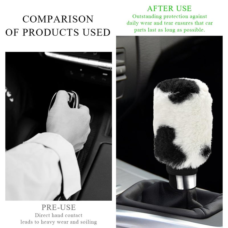 Gasedin Cow Print Car Accessories Set, Soft Fluffy Plush Cute Cow Steering Wheel Cover & Handbrake Cover, Warm Furry Cow Print Armrest Mat & Shift Gear Cover, Car Accessories (Gear Cover) - Image 3