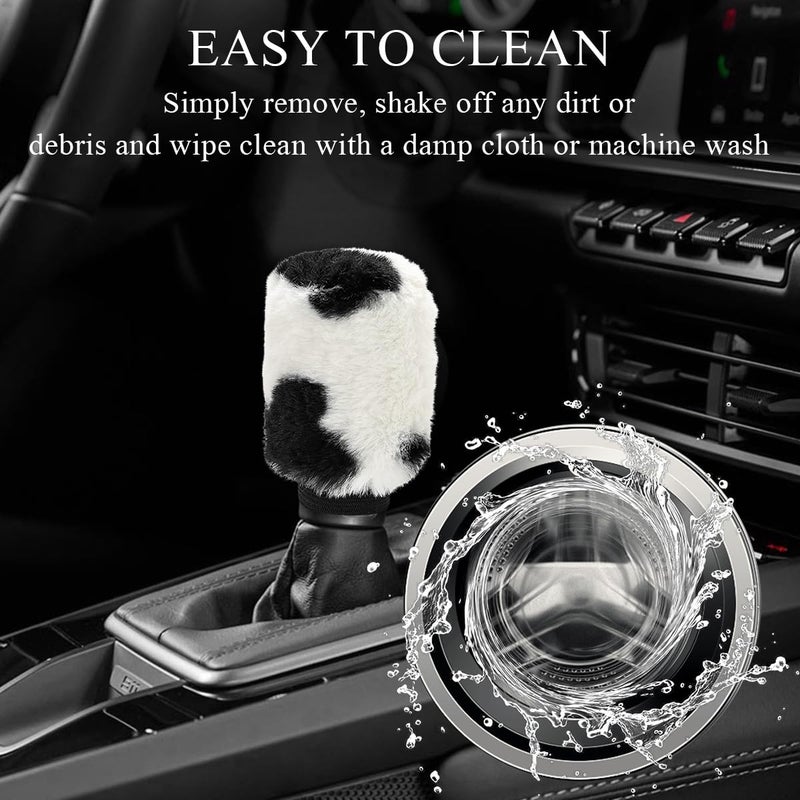 Gasedin Cow Print Car Accessories Set, Soft Fluffy Plush Cute Cow Steering Wheel Cover & Handbrake Cover, Warm Furry Cow Print Armrest Mat & Shift Gear Cover, Car Accessories (Gear Cover) - Image 5