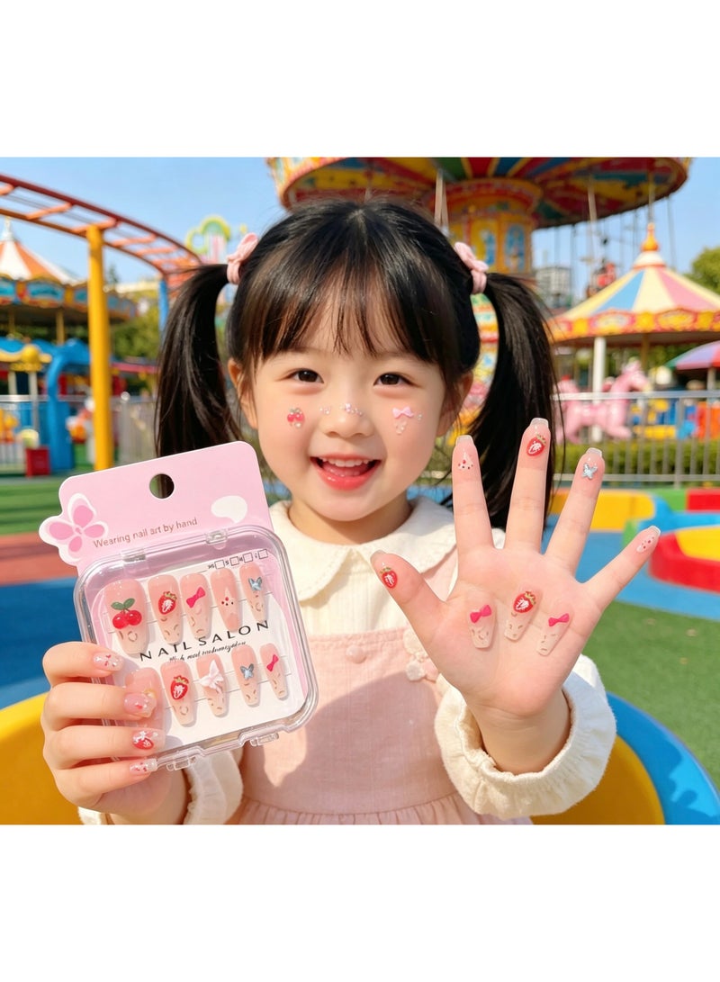 Strawberry Children's Stress Nail Stickers With Patterns, Children's Fake Nails, Girls' Artificial Nails, Reusable, 12 Pieces - Image 5