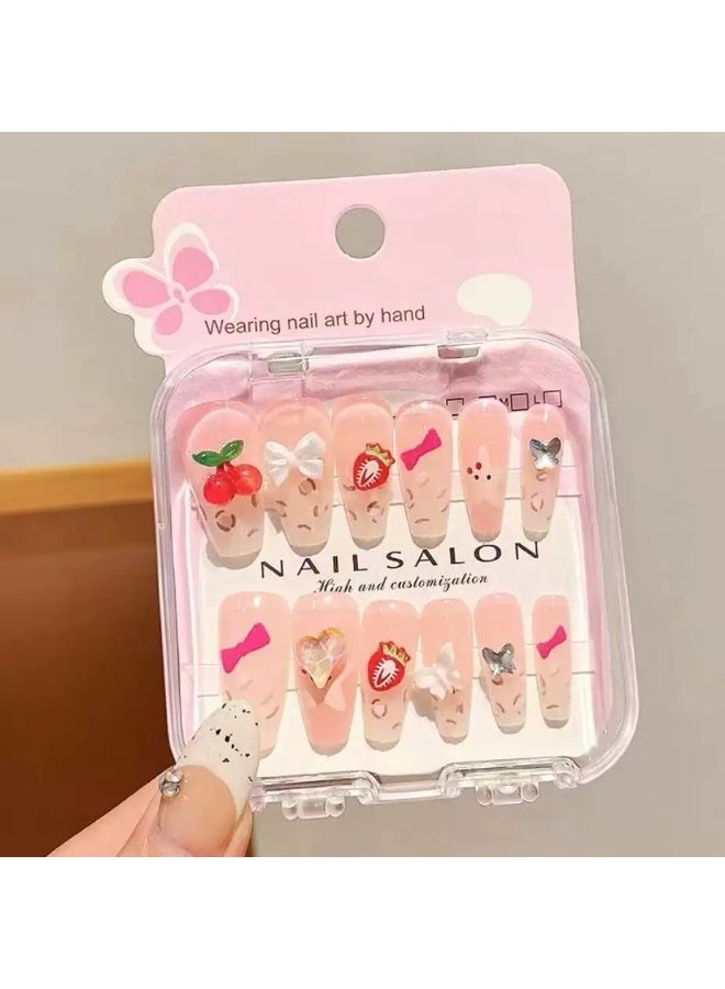 Strawberry Children's Stress Nail Stickers With Patterns, Children's Fake Nails, Girls' Artificial Nails, Reusable, 12 Pieces - Image 3