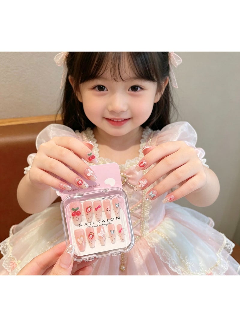 Strawberry Children's Stress Nail Stickers With Patterns, Children's Fake Nails, Girls' Artificial Nails, Reusable, 12 Pieces - Image 1