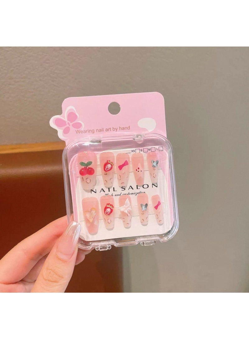 Strawberry Children's Stress Nail Stickers With Patterns, Children's Fake Nails, Girls' Artificial Nails, Reusable, 12 Pieces - Image 4