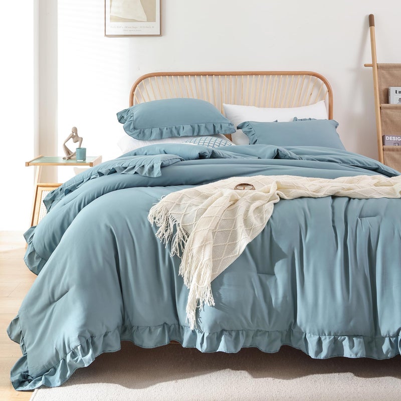 JANZAA Comforters Queen Size Mineral Blue Comforter Set Queen 3PCS1 Ruffled Comforter Set and 2 Pillowcases Shabby Chic Bedding Vintage Soft Fluffy Bed Set for All Season