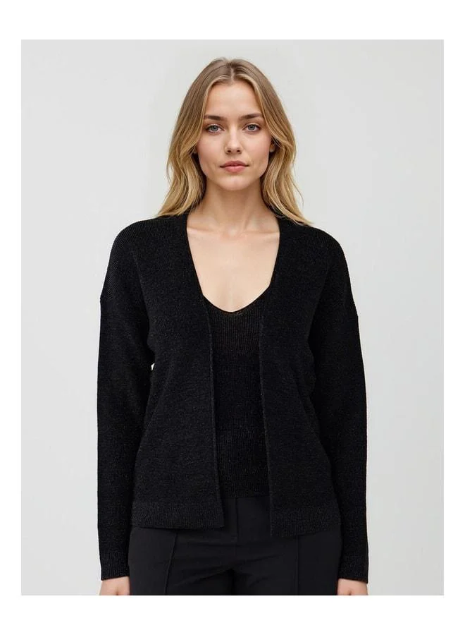Jimmy Key Black Straight-Cut Open-Neck Sequin Knit Cardigan.