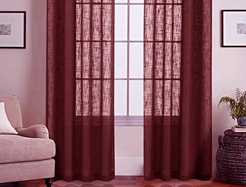LINENWALAS Elegant Slub Linen Khadi Look Non Blackout Solid Sheer Door Curtain with Eyelet Rings Set of 2 Maroon 45ft x7ft - Image 1