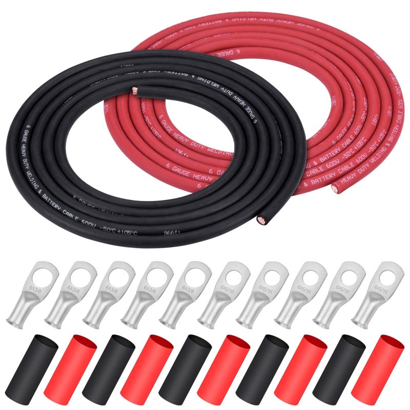 iGreely 6 Gauge 6 AWG Wire 10 Feet Black 10 Feet Red Ultra Flexible Welding Battery Pure Copper Cable 5pcs of 516 5pcs 38 Copper Cable Lug Terminal ConnectorsHeat Shrink Tubing - Image 2