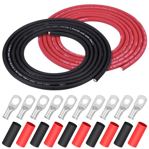 iGreely 6 Gauge 6 AWG Wire 10 Feet Black 10 Feet Red Ultra Flexible Welding Battery Pure Copper Cable 5pcs of 516 5pcs 38 Copper Cable Lug Terminal ConnectorsHeat Shrink Tubing - Image 1