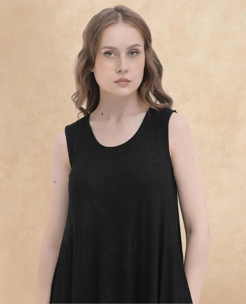 Rareism Rareism Women Cassidy Black Poly Viscose Elastane Fabric Round Neck Sleeveless Flared Fit Plain Midi Dress