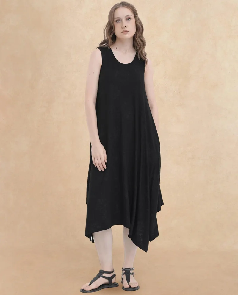 Rareism Rareism Women Cassidy Black Poly Viscose Elastane Fabric Round Neck Sleeveless Flared Fit Plain Midi Dress
