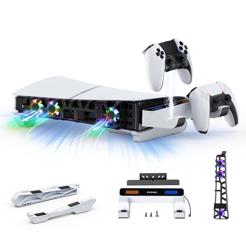 NexiGo PS5 Slim Horizontal Stand with Charging Station for Dual_SenseDual_Sense Edge ControllersSilent Cooling Fan wIntelligent Temperature Control LED Indicators White - Image 2