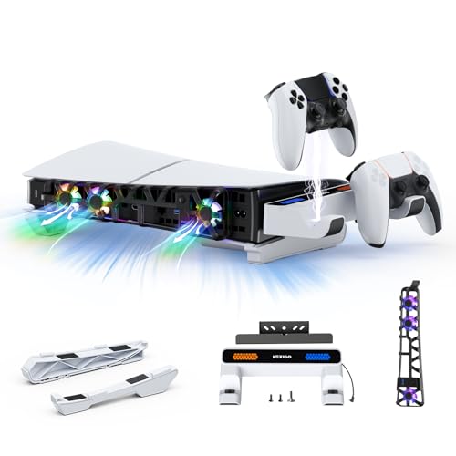 NexiGo PS5 Slim Horizontal Stand with Charging Station for Dual_SenseDual_Sense Edge ControllersSilent Cooling Fan wIntelligent Temperature Control LED Indicators White - Image 1
