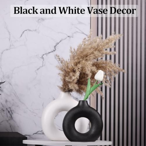 Xtore White&Black Matte Ceramic Donut Vases for Home Décor | Minimalist Aesthetic Decorative Vase for Living Room, Bedroom, Office, Shelf, Coffee Table, Dining Table - (Pack of 2, Grass not Included) - Image 2