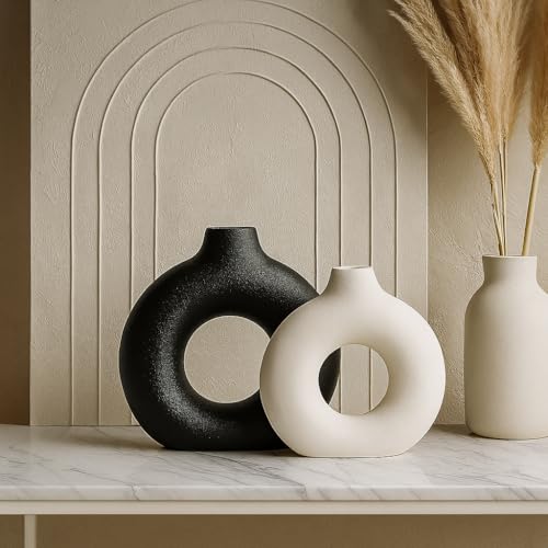 Xtore White&Black Matte Ceramic Donut Vases for Home Décor | Minimalist Aesthetic Decorative Vase for Living Room, Bedroom, Office, Shelf, Coffee Table, Dining Table - (Pack of 2, Grass not Included) - Image 1