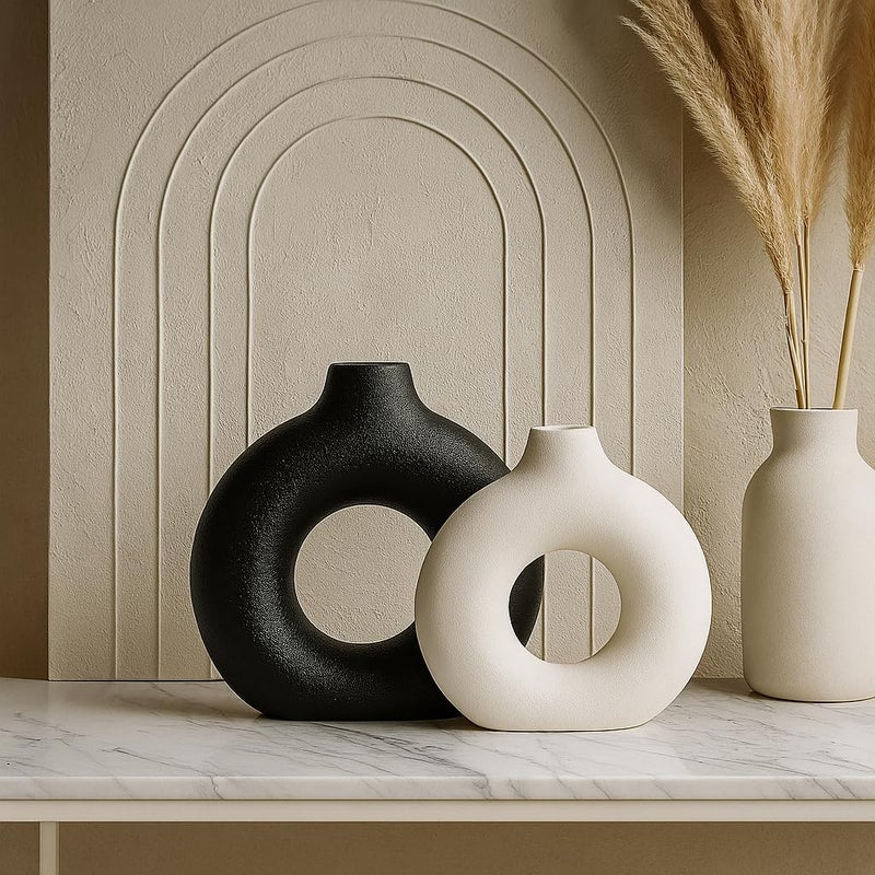 Xtore White&Black Matte Ceramic Donut Vases for Home Décor | Minimalist Aesthetic Decorative Vase for Living Room, Bedroom, Office, Shelf, Coffee Table, Dining Table - (Pack of 2, Grass not Included) - Image 4