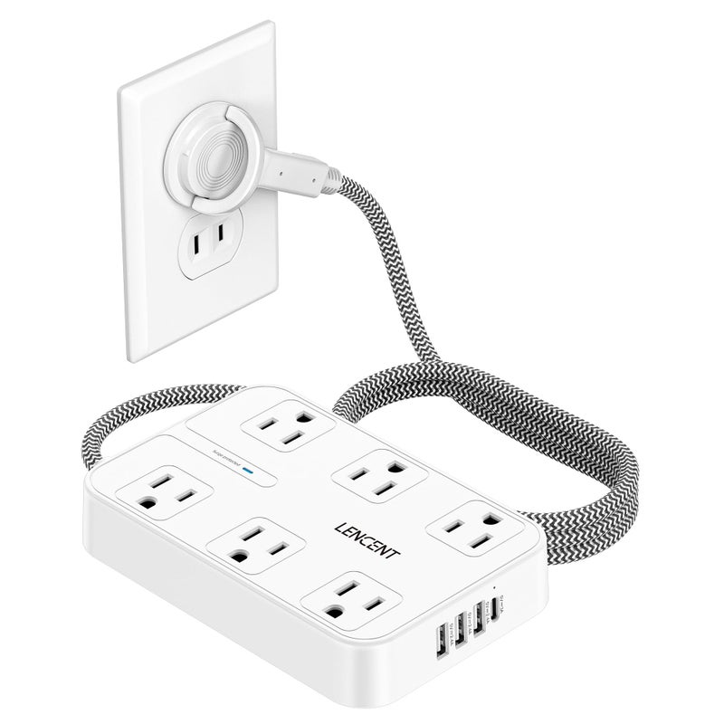 LENCENT 2 Prong Power Strip,2 Prong to 3 Prong Outlet Adapter,Two Prong Surge Protector, 6ft Braided Flat Plug Extension Cord, 6 AC & 4 USB (1 Type-C), Wall Mount for Non-Grounded Outlet - Image 1