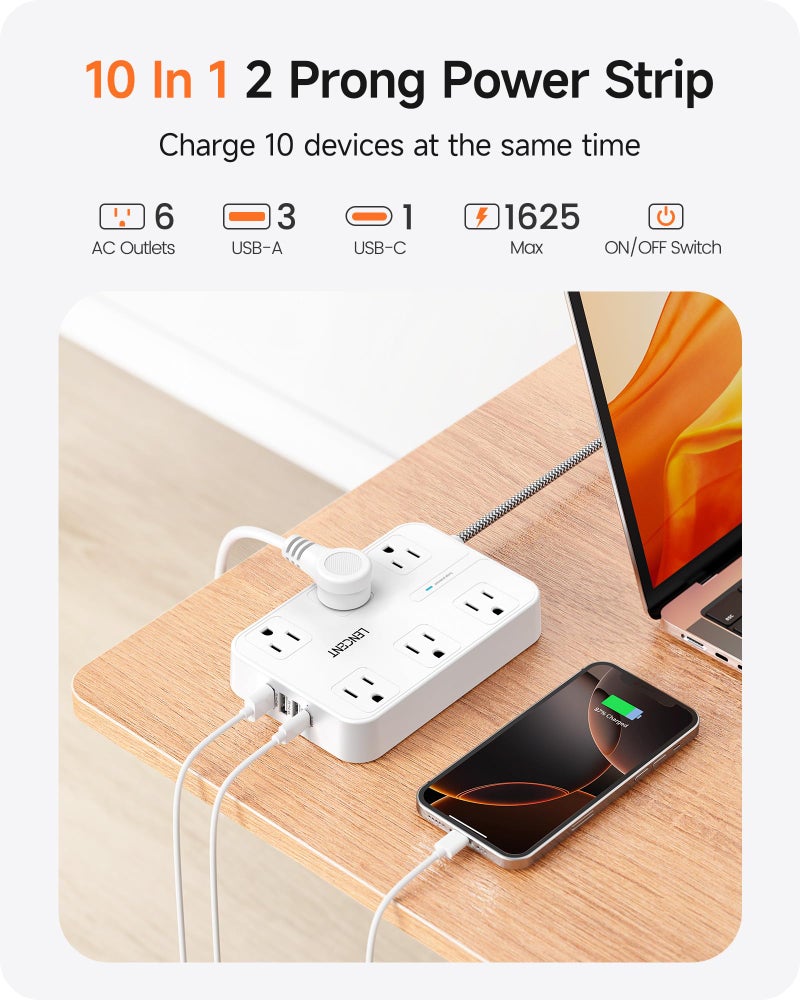 LENCENT 2 Prong Power Strip,2 Prong to 3 Prong Outlet Adapter,Two Prong Surge Protector, 6ft Braided Flat Plug Extension Cord, 6 AC & 4 USB (1 Type-C), Wall Mount for Non-Grounded Outlet - Image 4