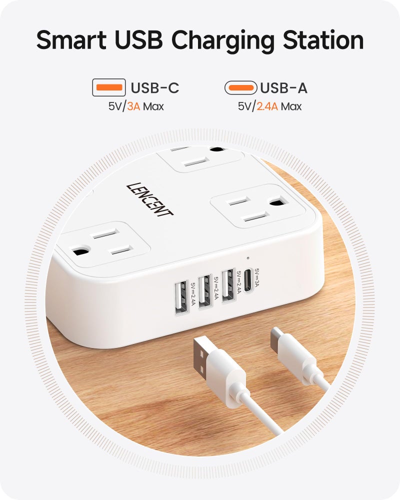 LENCENT 2 Prong Power Strip,2 Prong to 3 Prong Outlet Adapter,Two Prong Surge Protector, 6ft Braided Flat Plug Extension Cord, 6 AC & 4 USB (1 Type-C), Wall Mount for Non-Grounded Outlet - Image 5