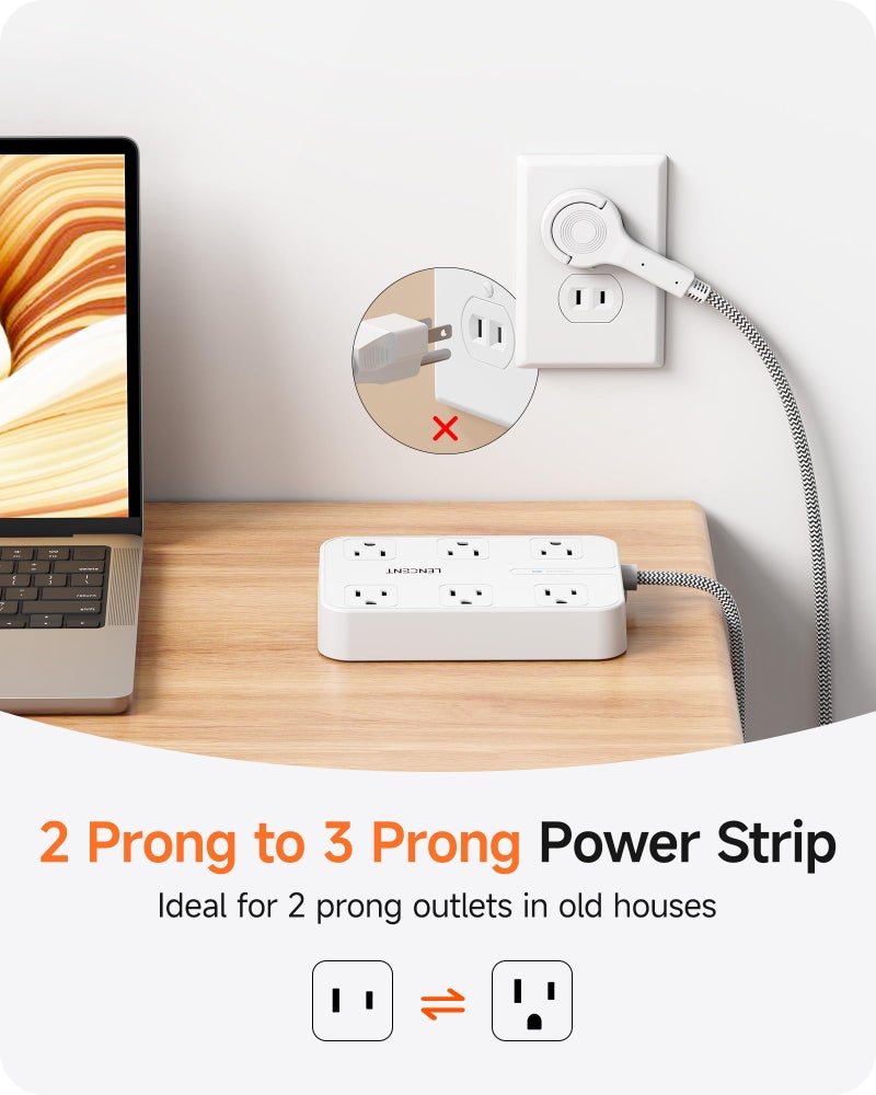 LENCENT 2 Prong Power Strip,2 Prong to 3 Prong Outlet Adapter,Two Prong Surge Protector, 6ft Braided Flat Plug Extension Cord, 6 AC & 4 USB (1 Type-C), Wall Mount for Non-Grounded Outlet - Image 2