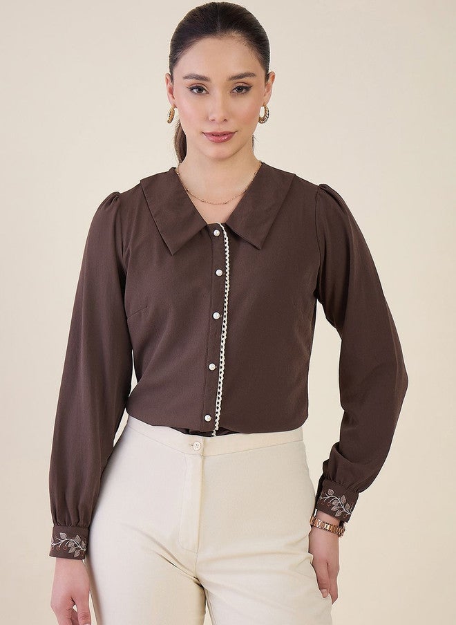 WineRed Brown Peter Pan Collar Crepe Shirt with Embroidered Detail - Image 2