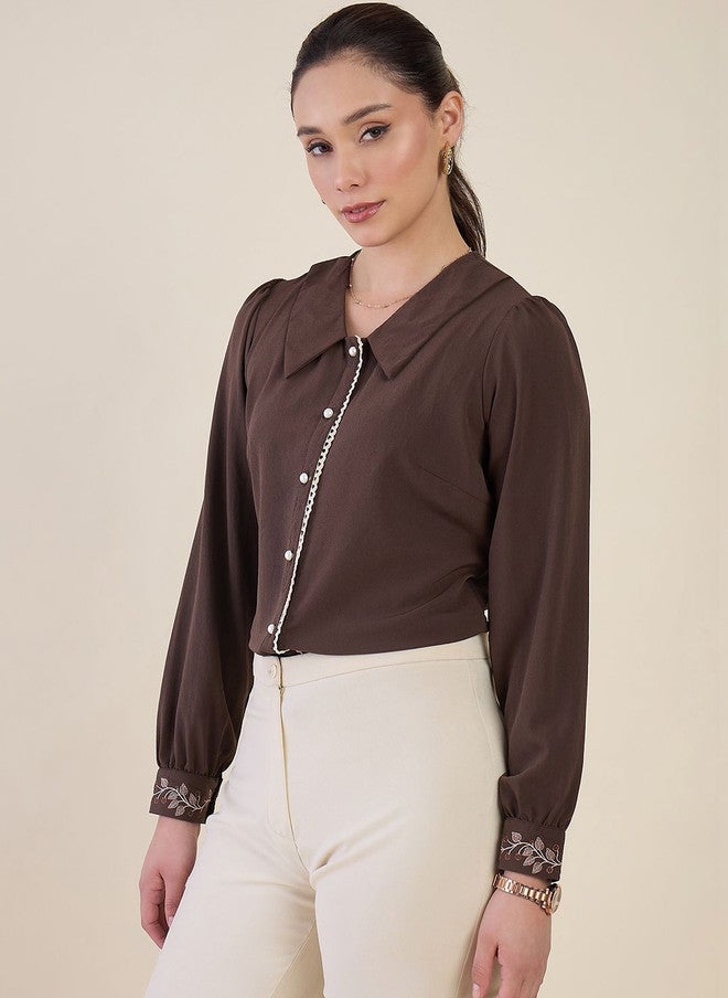 WineRed Brown Peter Pan Collar Crepe Shirt with Embroidered Detail - Image 3