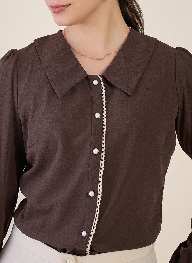 WineRed Brown Peter Pan Collar Crepe Shirt with Embroidered Detail - Image 5