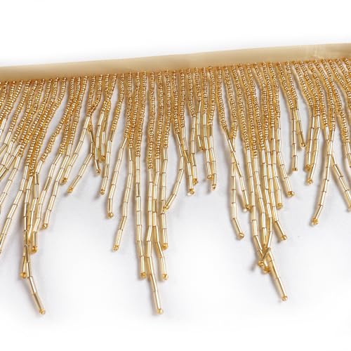 Labellezalady 1meter39inches Long 43inches Wide Gols Beads Fringe Trim Beads Fringe Belt Glass Beaded Wavy Water Shape Fringe Trim Ribbon Tassel Chain for Clothing Accessories DIY Decoration - Image 1
